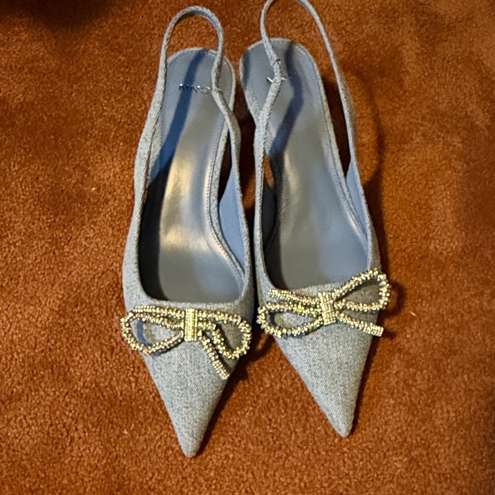 Mango Denim Slingback Heels with Gold Bow